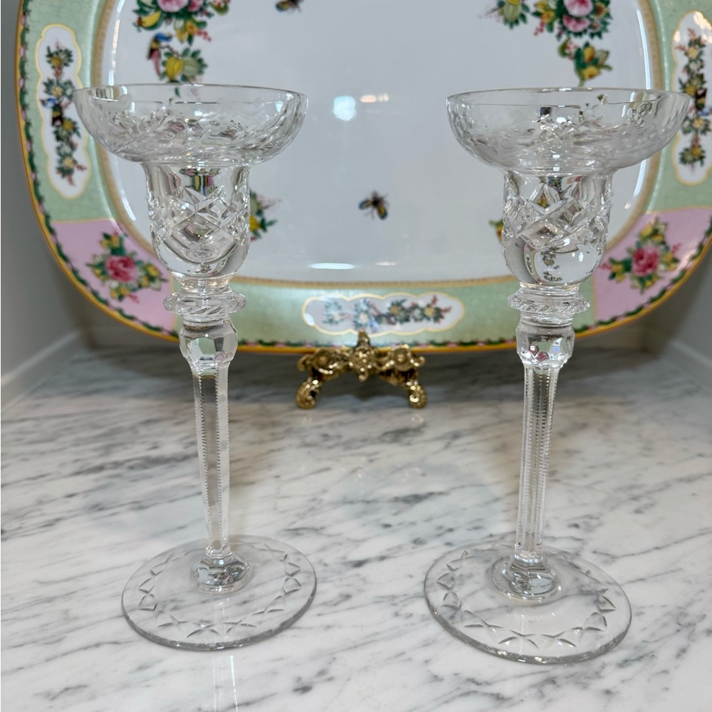 Set of 2- Rogaska GALLIA Pattern Cut Crystal Candle Stick Holder  8"